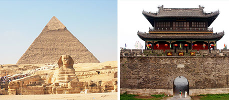 左：＜エジプト＞ピラミッド、右：＜中国＞荊州古城（イメージ）