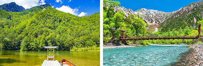 左：泊まらないと味わえない、朝一番の明神池へご案内！（イメージ）／右：新緑の上高地・河童橋（イメージ）