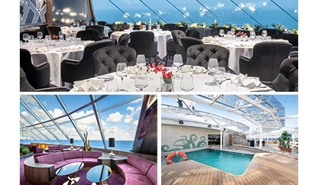 上：レストラン／左下：トップセイルラウンジ／右下：プール　※すべてヨットクラブ専用（すべてイメージ）