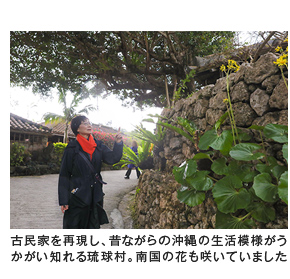 古民家を再現し、昔ながらの沖縄の生活模様がうかがい知れる琉球村。南国の花も咲いていました