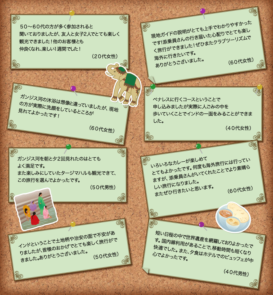 50～60代の方が多く参加されると聞いておりましたが、友人と女子2人でとても楽しく観光できました！他のお客様とも仲良くなれ、楽しい1週間でした！（20代女性）現地ガイドの説明がとても上手でわかりやすかったです！添乗員さんの行き届いた心配りでとても楽しく旅行ができました！ぜひまたクラブツーリズムで海外に行きたいです。ありがとうございました。（60代女性）ガンジス河の沐浴は想像と違っていましたが、現地の方が実際に洗顔をしているところが見れてよかったです！（60代女性）ベナレスに行くコースということで申し込みましたが実際に人ごみの中を歩いていくことでインドの一面をみることができました。（40代女性）ガンジス河を朝と夕2回見れたのはとてもよく満足です。また楽しみにしていたタージマハルも観光できて、この旅行を選んでよかったです。（50代男性）いろいろなカレーが楽しめてとてもよかったです。何度も海外旅行には行っていますが、添乗員さんがいてくれたことでより素晴らしい旅行になりました。またぜひ行きたいと思います。（60代女性）インドということで土地柄や治安の面で不安がありましたが、皆様のおかげでとても楽しく旅行ができました。ありがとうございました。（50代女性）短い日程の中で世界遺産を網羅しておりよかったです。国内線利用があることで、移動時間も短くなり快適でした。また、夕食はホテルでのビュッフェが中心でよかったです。（40代男性）