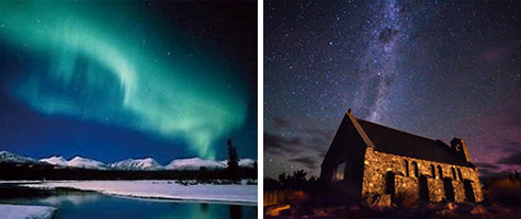 左：＜アラスカ＞オーロラ、右：＜ニュージーランド＞テカポ湖（イメージ）