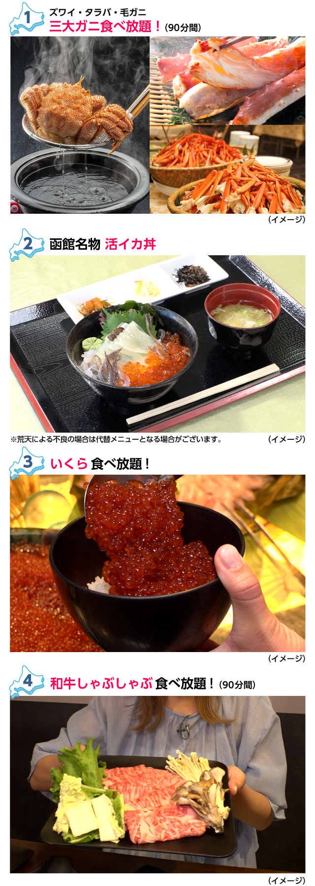 ポイント①タラバ・ズワイ・毛ガニの三大ガニ食べ放題や函館活イカ丼など北海道グルメを堪能