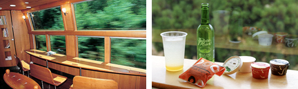 ［左］車内　［右］オススメのソフトドリンクとスイーツ ※別料金（イメージ）