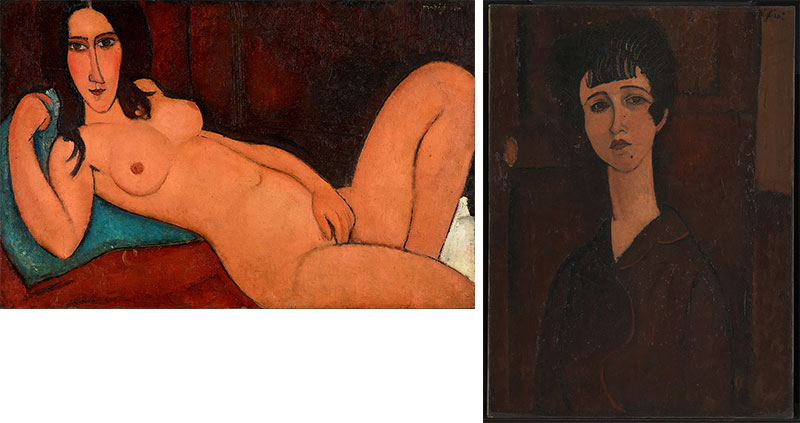 左：アメデオ・モディリアーニ《髪をほどいた横たわる裸婦》1917年 大阪中之島美術館 右：アメデオ・モディリアーニ《若い女性の肖像》1917年頃 テート Photo (c) Tate