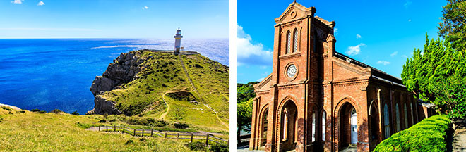 左：大瀬埼灯台（イメージ） 右：堂崎天主堂（イメージ）