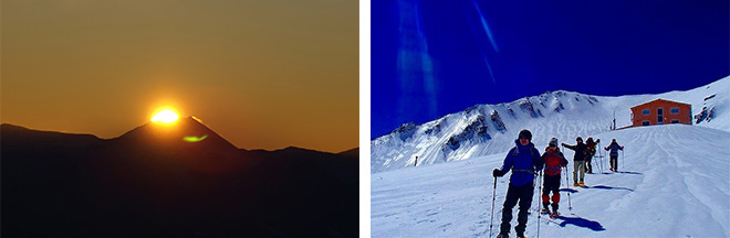 左：千畳敷から望む初日の出（イメージ）※天候によってはご覧いただけない場合があります 右：千畳敷カールをスノーシューで歩きましょう（イメージ）