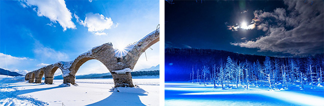 左：タウシュベツ橋梁跡までスノーハイキング（イメージ） 右：青い池のライトアップにもご案内（イメージ）