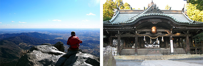 左：筑波山頂からの景色（イメージ） 右：筑波山神社にも参拝（イメージ）