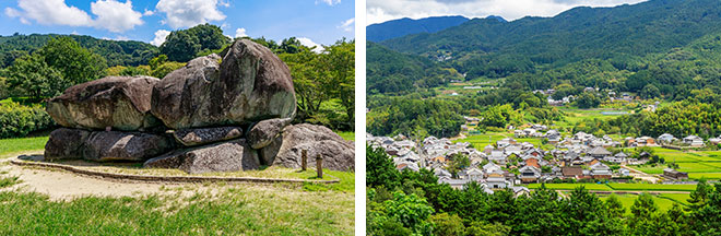 左：石舞台古墳（イメージ） 右：甘樫丘から望む飛鳥の風景（イメージ）