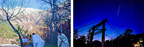 左：上高地閉山式（イメージ）/右：河童橋から見る星空（イメージ）