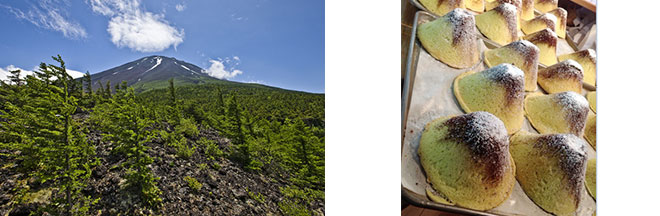 左：御庭から望む夏の富士山（イメージ）／右：富士山メロンパン（イメージ）