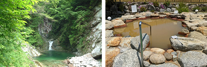 左：新緑の尾白川渓谷（イメージ）／右：べるが 尾白の湯 源泉露天風呂（イメージ）