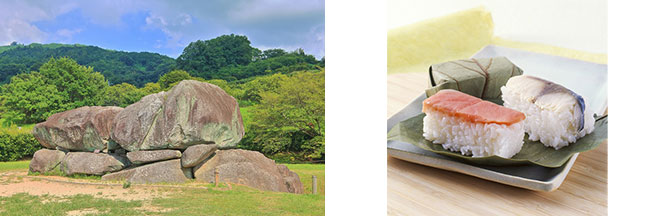 左：石舞台古墳（イメージ）／右：柿の葉寿司（イメージ）