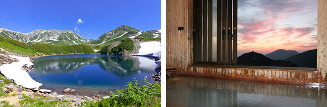 左：みくりが池（イメージ） 右：雷鳥荘のお風呂（イメージ）