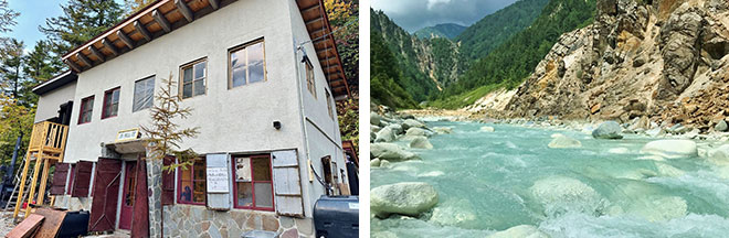 左：昨年約40年ぶりに営業を再開した湯俣山荘を限定貸切！（イメージ） 右：エメラルドグリーンに輝く秘境・高瀬渓谷（イメージ）