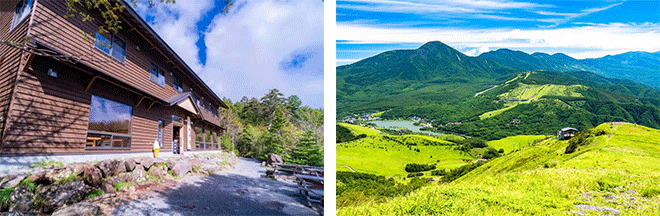 左：白駒の美しい森の中に佇む歴史ある山小屋・白駒荘（イメージ） 右：霧ヶ峰（イメージ）