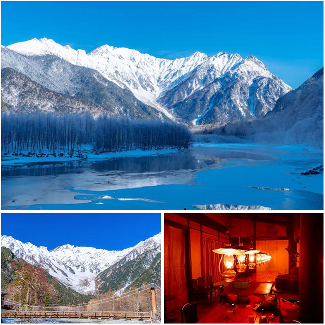 上：冬の穂高連峰（イメージ）／左下：歩いてしか行けない冬の上高地（イメージ）／右下：食事自慢の「山のひだや」を特別貸切！（イメージ）