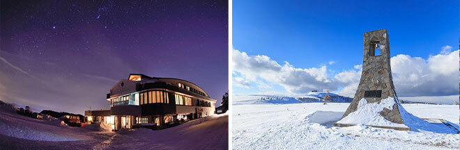 左：山本小屋ふる里館（イメージ）／右：冬の美ヶ原（イメージ）