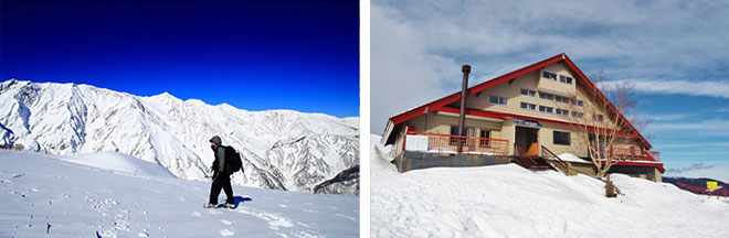 左：白馬三山や五竜岳・鹿島槍ヶ岳などを望む八方尾根からの大パノラマ（イメージ） 右：絶景の八方池山荘をクラブツーリズムで特別貸切！（イメージ）