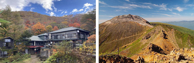 左：秘湯・三斗小屋温泉の煙草屋旅館を特別貸切！（イメージ）／右：那須岳 茶臼岳（イメージ）