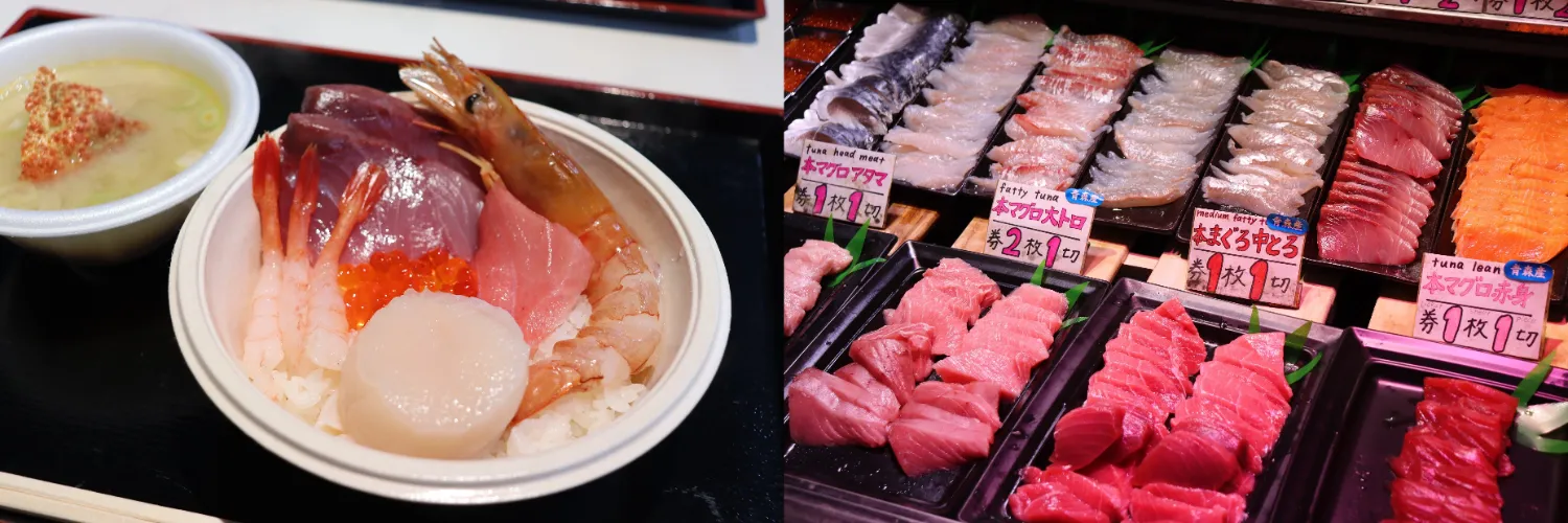 画像(左)「のっけ丼」の一例、(右)新鮮な魚介から好きな具材を選びます